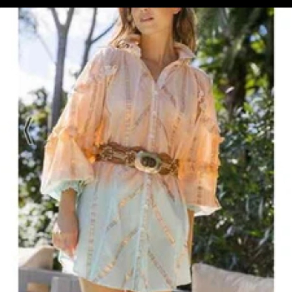 Miss June Paris Ombre Metallic Stripe Shirt Mini Dress Peach to Mint Boho S/M